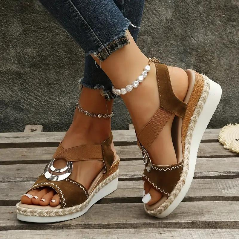 Women's Wedge Sandals – Brown Suede-Like, Jute Trim, Silver Buckle, Open Toe, Ankle Strap-82621-b11dc4ba-7f46-4d19-8ba7-8ee527d62f2d