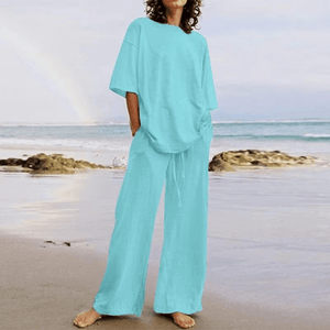 Women's Aqua Blue Two-Piece Activewear Set – Relaxed Fit, Wide-Leg Pants, Cotton Blend-67666-b1207db5-866d-46e1-aa56-e57317d10410