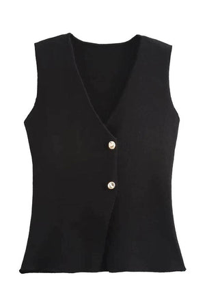 Women's Tailored V-Neck Vest & Pleated Midi Skirt Set - Gold Buttons, Layered Design, Elegant-79608-b148f0d6-2644-4b69-a09d-e289ee638cc8