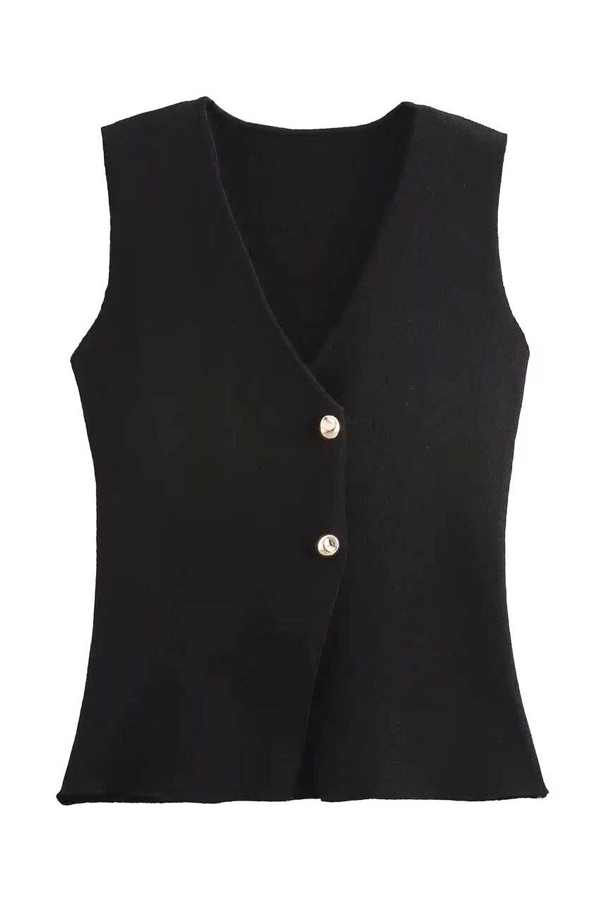 Women's Tailored V-Neck Vest & Pleated Midi Skirt Set - Gold Buttons, Layered Design, Elegant-79608-b148f0d6-2644-4b69-a09d-e289ee638cc8