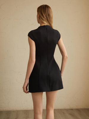 Women's A-Line Dress – Black White, High Neck, Front Pockets, Woven Fabric, Minimalist Style-83216-b161e04a-7da1-4d58-b299-b3567aad2ca2