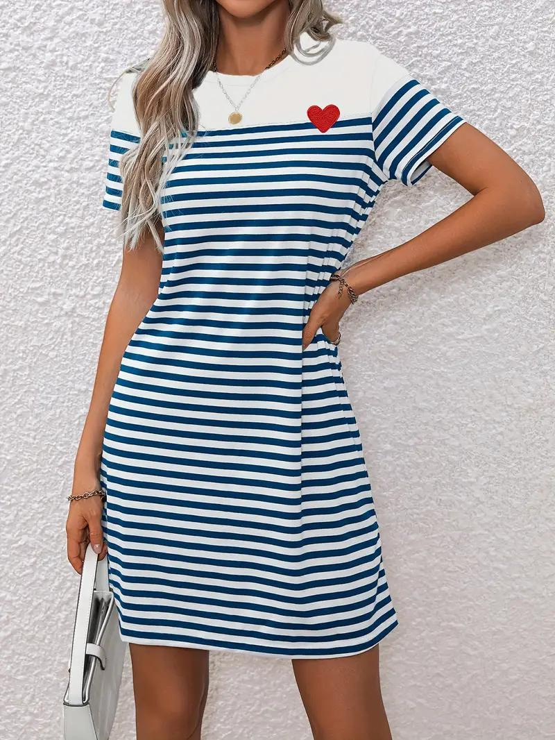 Women's Striped A-Line Short Sleeve Dress – Cotton Blend with Red Heart Appliqué, Casual-82664-b2456a83-0e5c-4bc9-bb59-860363efaa64