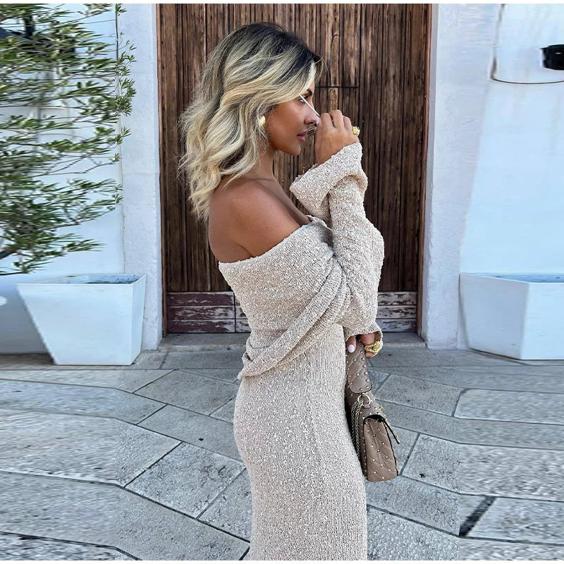 Women's Off-Shoulder Shimmer Dress – Flared Sleeves, Metallic Beige White-77267-b299c6e1-3a99-4b7d-937b-0833758f553d