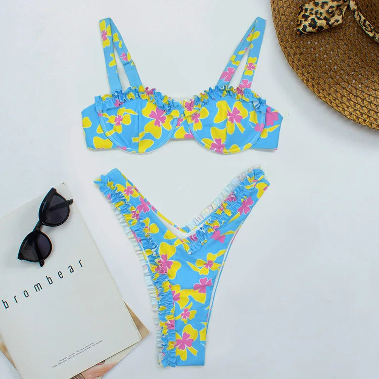 Women's Underwire Bikini Swimsuit – Ruffle Trim, Floral Print, High-Cut Bottom, Multi-Color Spandex-77100-b2d58e4a-1db9-480a-a9b2-62f0e405cc93