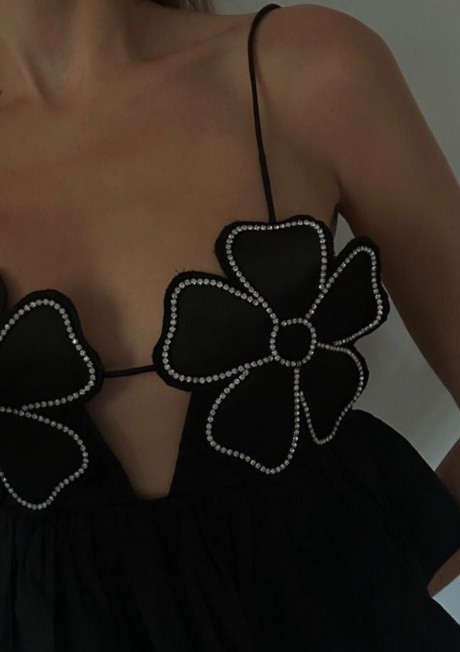 Women's Halter Top – Floral Rhinestone Embellished, Ruffled Peplum, Satin-77127-b3109b97-083f-43f3-97ea-46443518a8b6