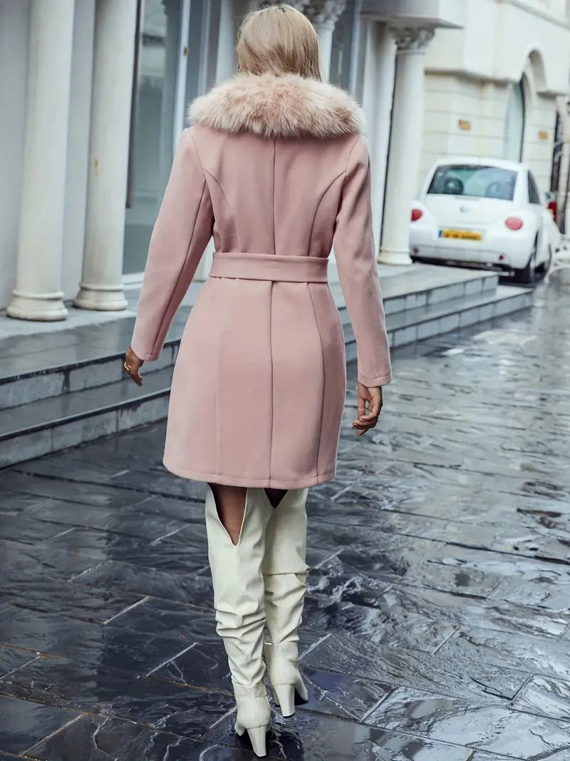 Women's Pink Coat – Faux Fur Collar, Tie Waist, Elegant Winter Outerwear-39520-b7b6daed-b916-4b80-97cb-7189e82772e7