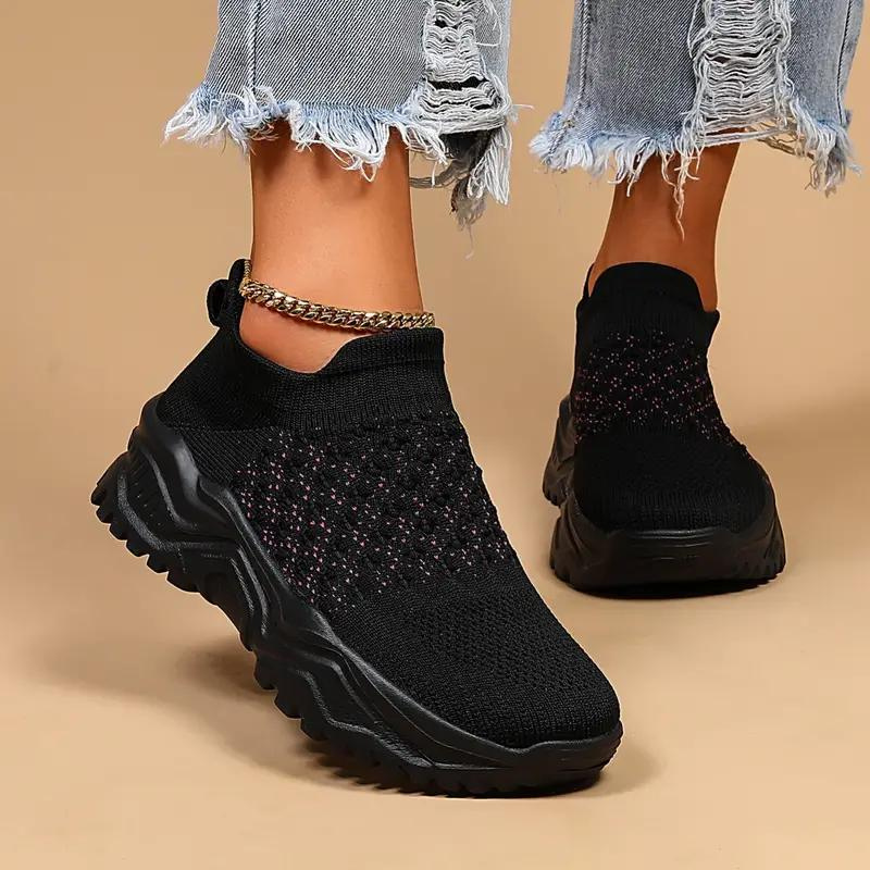 Women's Slip-On Sneakers – Breathable Knit, Chunky Sole, Athleisure Style-82673-b46b8c0e-16c0-4c89-bb5a-8fb996483a05