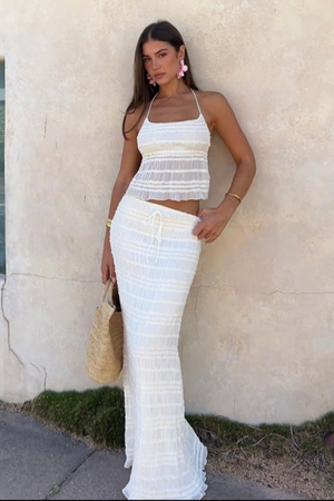 Women's Two-Piece Halter Top & Midi Skirt Set – Gathered Texture, Drawstring Waist-83709-b52aeb6e-d2f7-4fbf-a20a-c22d34d3108f