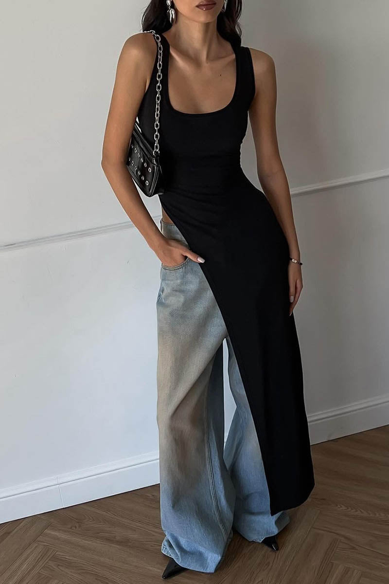 Women's Sleeveless Slit Top – Asymmetrical Hem, Fitted, Black, Red, White-81088-b6b89dd3-6b95-4684-9e2d-233bbfadc2a5