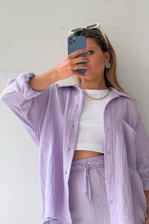 Women's Gauze Button-Down Shirt & Drawstring Shorts Set - Relaxed Fit, Multiple Colors-83244-b6f76d5c-9afd-4047-8615-b19f8d9ef58e