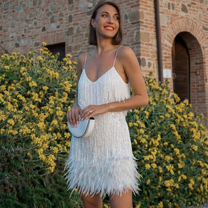 Women's Mini Dress – Fringe Detail Feather Trim Spaghetti Strap-83329-b89dee3c-6558-4042-a52c-feaa9c10a8c1