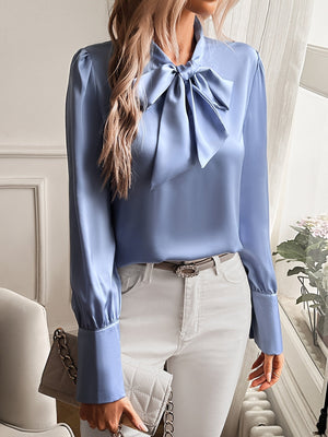 Women's Satin Blouse – Bow Tie Neckline, Puffed Sleeves, Navy/Pink-81414-ba41155d-bbc1-4230-8c2c-9243b8289606