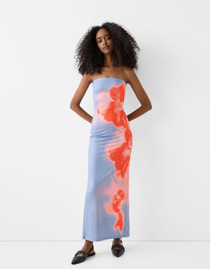 Women's Strapless Bodycon Maxi Dress – Gray Red Gradient Watercolor, Synthetic Blend-77225-ba59bf68-d877-4be0-9199-19690ac02034