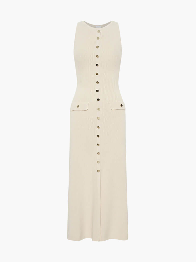 Women's Sleeveless Ribbed Knit Midi Dress with Gold Buttons, Fitted Silhouette-77217-baa19b1d-5eba-4720-b6b4-75107de9ad77