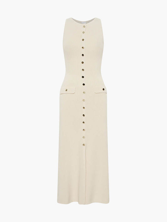 Women's Sleeveless Ribbed Knit Midi Dress with Gold Buttons, Fitted Silhouette-77217-baa19b1d-5eba-4720-b6b4-75107de9ad77