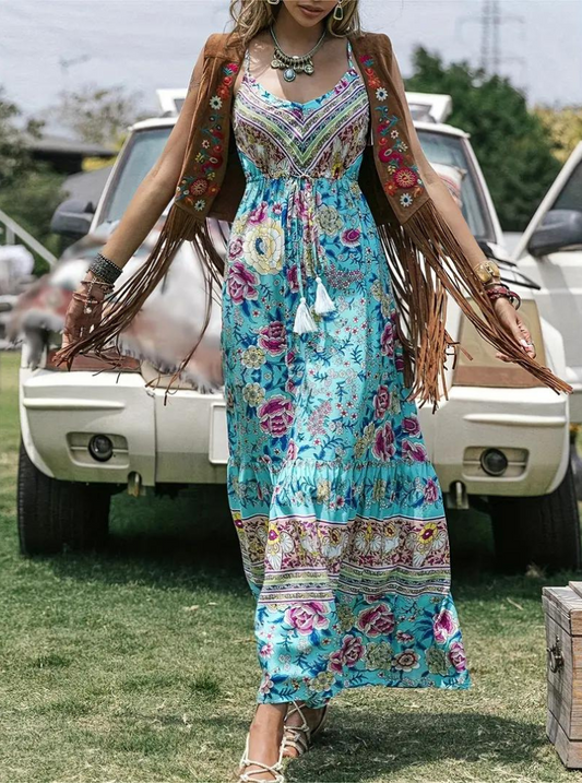 Women's Turquoise Floral Maxi Dress – Bohemian Tiered V-Neck Cotton Blend-82613-bb007d2a-db19-4c06-917e-03ad7c504931