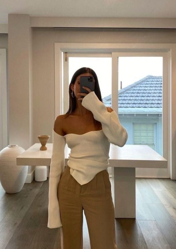 Women's Ribbed Knit Long Sleeve Top – Square Neck, Asymmetrical Hem, Form-Fitting-77124-bb377a50-556c-4c40-aa40-79da715fbd42