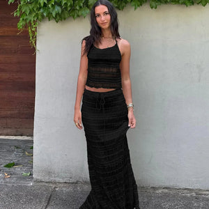 Women's Two-Piece Halter Top & Midi Skirt Set – Gathered Texture, Drawstring Waist-83709-bbc5e846-efdd-4287-be43-52a4d96062fa