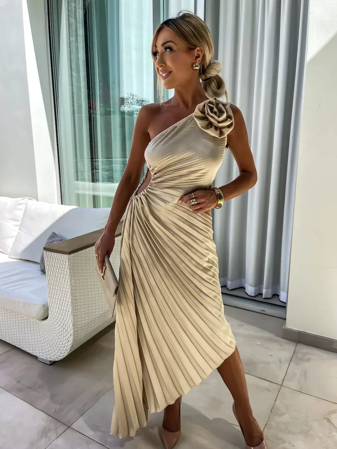 Women's One-Shoulder Floral Pleated Midi Maxi Dress - Satin Polyester-83183-bc56376e-a2f0-4cab-b1df-fe690a3330a4