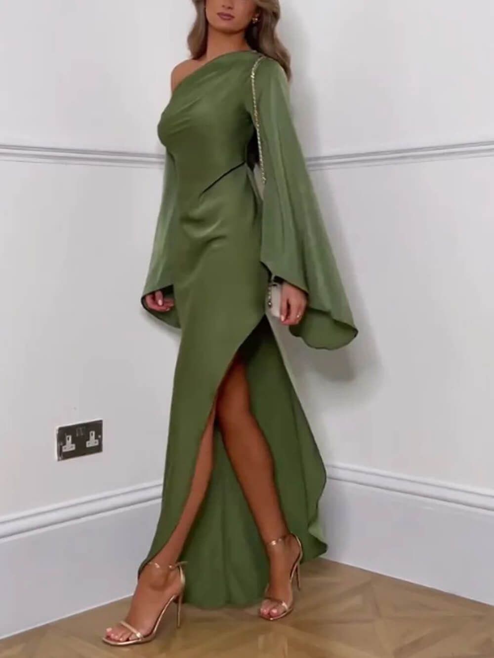 Women's Green Satin One-Shoulder Dress – High Slit, Billowy Sleeve-78410-bc8c21ec-1ac1-4c94-a584-1c0f7c2c15e6