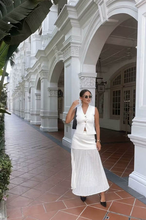 Women's Tailored V-Neck Vest & Pleated Midi Skirt Set - Gold Buttons, Layered Design, Elegant-79608-bd59d77f-66a0-4a6a-992a-e3890dcb9fcd