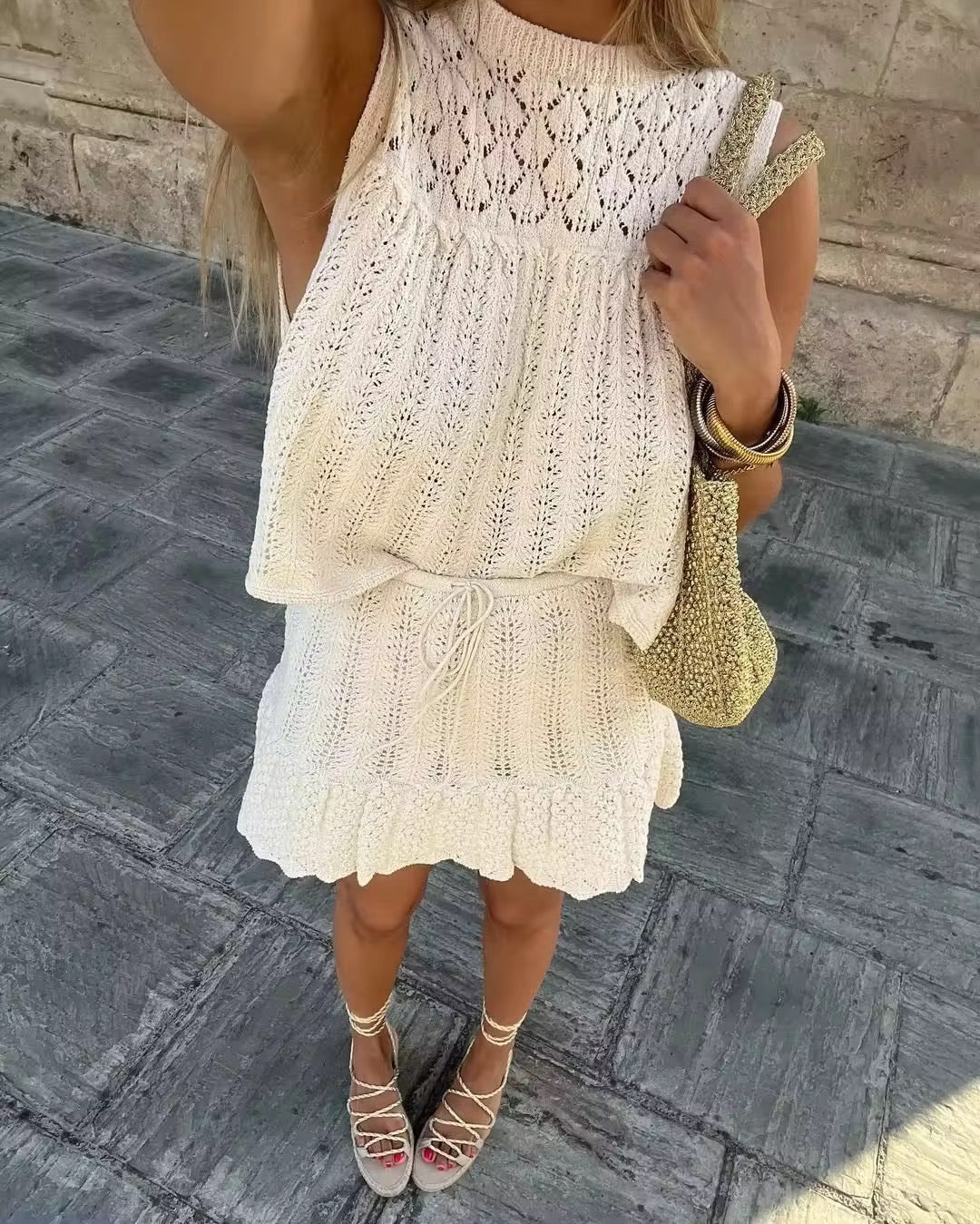 Women's Open-Knit Two-Piece Set – Sleeveless Top, Scalloped Hem Skirt, Drawstring Waist, Bohemian, Black/Off-White-81510-bd603975-a607-4356-86bc-03971ebbe5e1