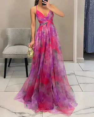 Women's Chiffon Maxi Dress – Watercolor Print, Floor-Length, Elegant-83162-bdb75d54-cd46-4d40-89c4-35ee2e1efd8c