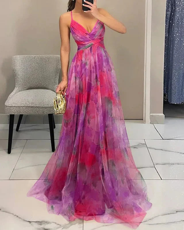 Women's Chiffon Maxi Dress – Watercolor Print, Floor-Length, Elegant-83162-bdb75d54-cd46-4d40-89c4-35ee2e1efd8c