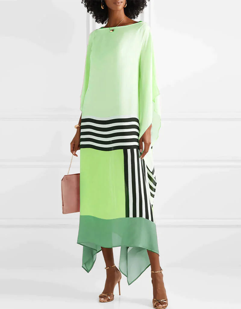 Women's Color-Block Caftan Midi Dress – Silk Blend, Asymmetrical Hem-83243-bdc18526-f550-43e7-a451-1270f7eebb7d