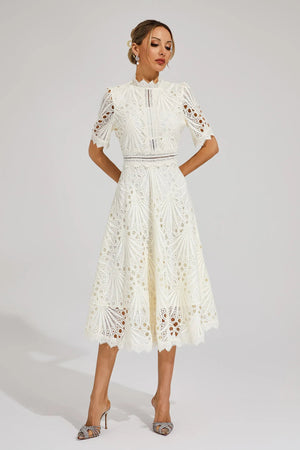 Women's Lace Midi Dress – High Neck, Short Sleeve, Cut-Out Detail-83326-be1aeda9-0c01-47ea-ba20-424d266bc319