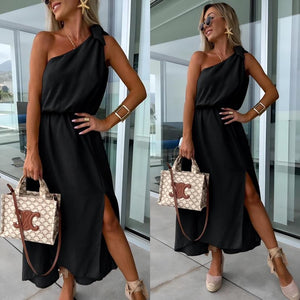 Women's Maxi Dress – One-Shoulder, Asymmetrical Neckline, Side Slit, Waist Tie-83342-c0501100-a3ef-417e-b0a4-5ac849d7ec7a