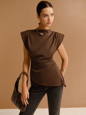 Women's Brown Satin Top – Structured Shoulder, Wrap Waist, High Neck-83250-c067274e-e91e-4f5b-80e3-cd59cb5f8ab0