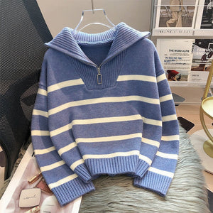 Women's Half-Zip Striped Knit Sweater – Oversized Fit, Cotton Blend-71079-c09554a7-d2ae-4299-bd5a-6ca053012ab6