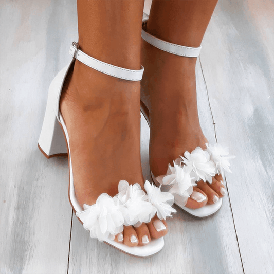 Women's White Floral Block Heel Sandals with Ankle Strap-83246-c12113c1-d6fd-4217-a57f-164da7df99ba