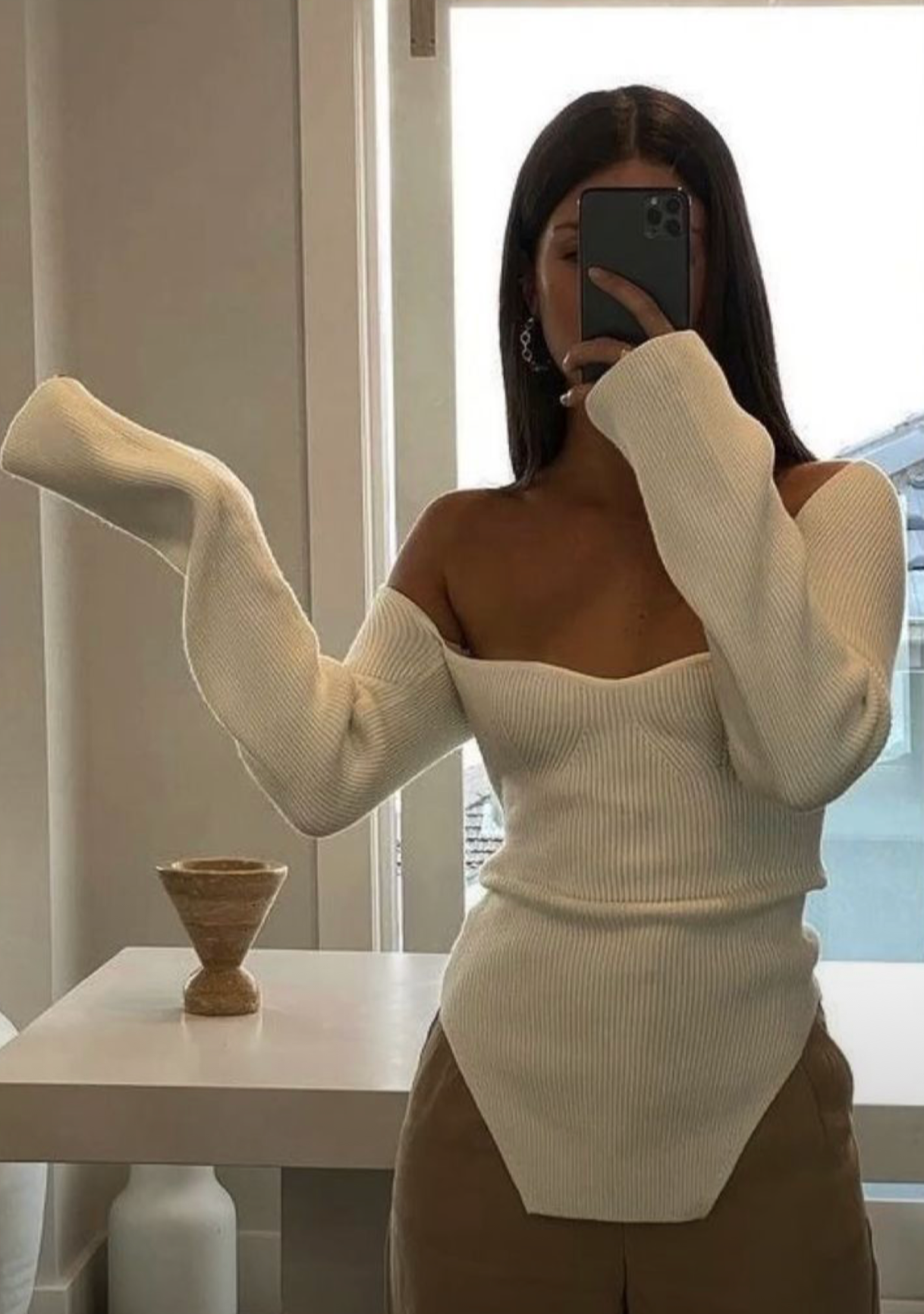 Women's Ribbed Knit Long Sleeve Top – Square Neck, Asymmetrical Hem, Form-Fitting-77124-c15e7542-287f-4ed5-aab4-4ee9bf3caf07