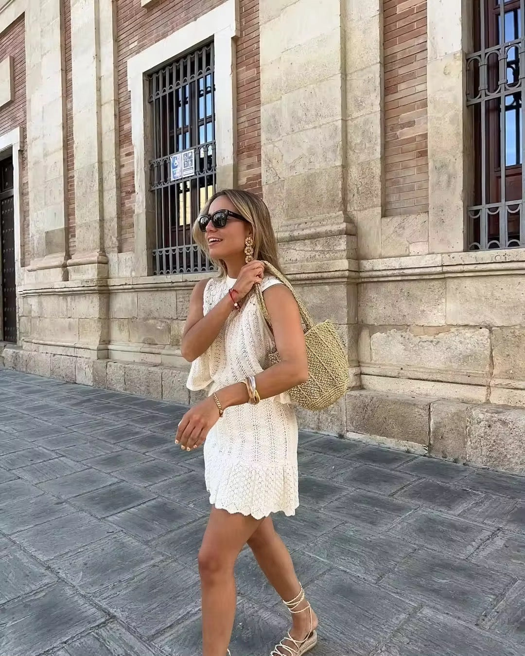 Women's Open-Knit Two-Piece Set – Sleeveless Top, Scalloped Hem Skirt, Drawstring Waist, Bohemian, Black/Off-White-81510-c1855eb5-9037-46e2-9cf0-94a76f87a95f