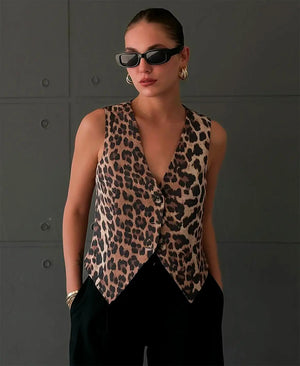 Women's Brown Leopard Print Sleeveless V-Neck Button-Front Vest-78412-c19481b6-b223-4029-a9a9-195d7a6c67cc