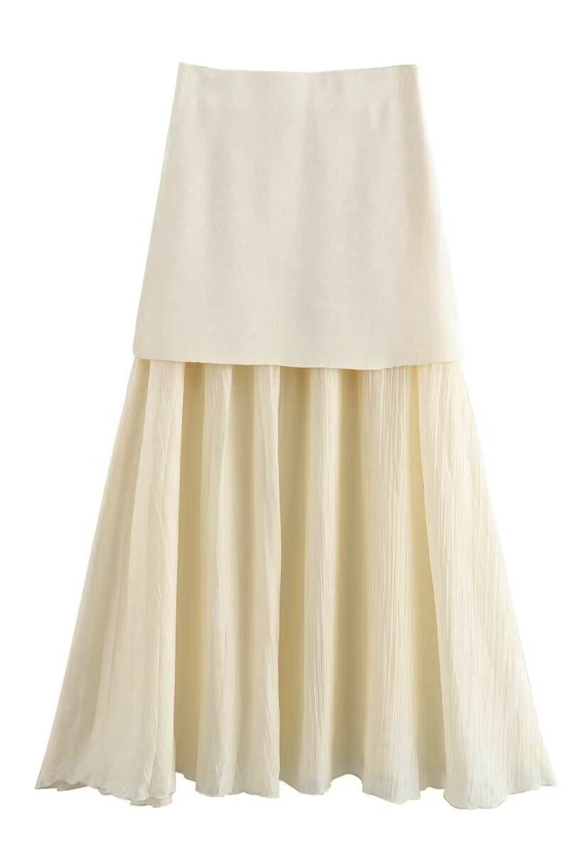 Women's Tailored V-Neck Vest & Pleated Midi Skirt Set - Gold Buttons, Layered Design, Elegant-79608-c1cf9040-8135-4bdd-ba1b-f2b58e8c477c