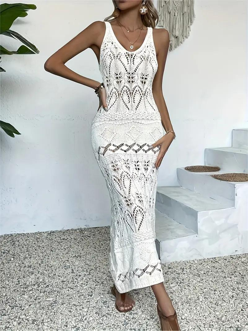 Women's Maxi Dress – Sleeveless Open-Knit Lace, Form-Fitting Bohemian Style in White/Black-82631-c2386315-e9de-4fa1-80a8-6c43b576ad3d