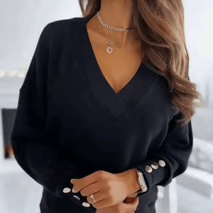 Women's Blue V-Neck Cropped Sweater – Relaxed Fit, Buttoned Cuffs, Cotton Blend-67617-c4afba2d-3fd6-4423-b241-ee673d0678fc