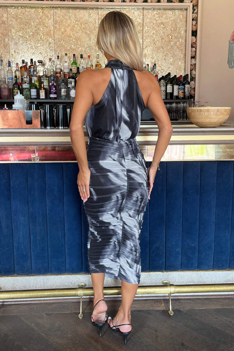 Women's Gray Tie-Dye Halter Midi Dress with Side Slit, Fitted Waist, Modern Chic Style-78408-c6077827-e4ed-410d-8644-ebab522fdf13