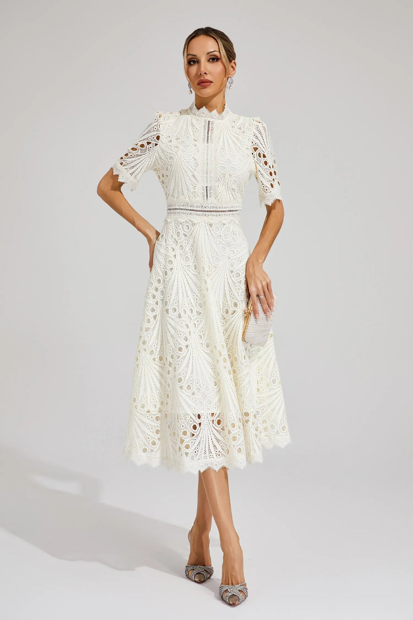 Women's Lace Midi Dress – High Neck, Short Sleeve, Cut-Out Detail-83326-c724d81f-0b98-4d6e-915b-063543b8cbaa