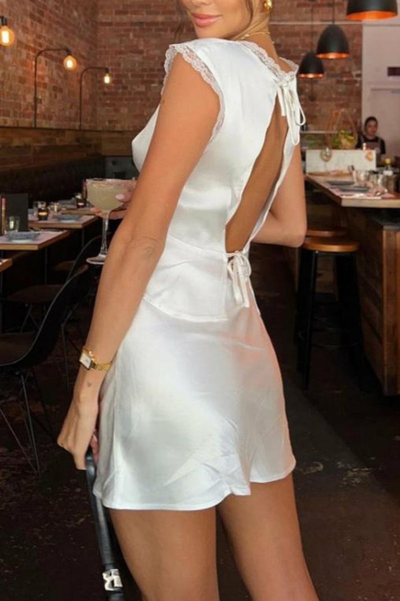 Women's White Satin Mini Dress with Lace V-Neck, Elegant Style-79810-c78ac377-be87-47fa-9a6e-9519bf78a073