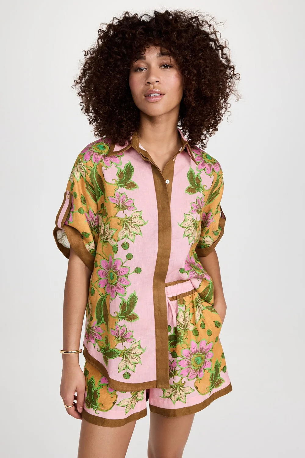 Women's Pink Floral Linen Button-Down Short Sleeve Top – Relaxed Fit, Bohemian Style, Sydney Wardrobe-80014-c7ae51ce-76bd-4194-9fca-4d50d4b18ce3