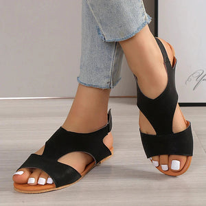 Women's Flat Sandals – T-Strap, Cut-Out Faux Leather, Adjustable Ankle Strap, White/Black/Brown-82727-c8c74176-0d3b-44f8-b070-36e512e84804