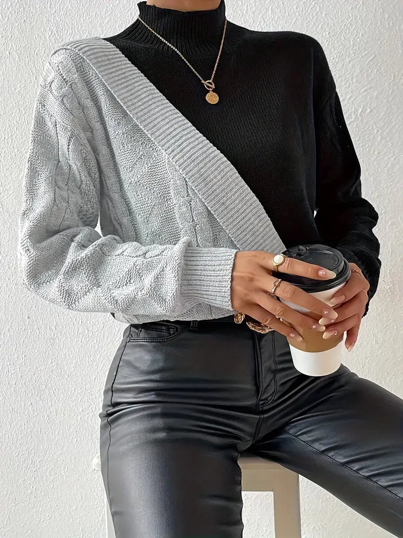 Women's Sweater – Color Block Turtleneck, Cable Knit Design, Modern Style, Sydney Wardrobe-54586-ba97541c-c33f-4ca9-898c-f6e52545e917