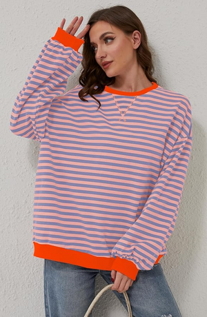 Women's Striped Knit Sweatshirt - Oversized, Long Sleeve, Contrast Trim-81356-cc78bf89-a661-4c28-a3a7-f51c3bcc4e75