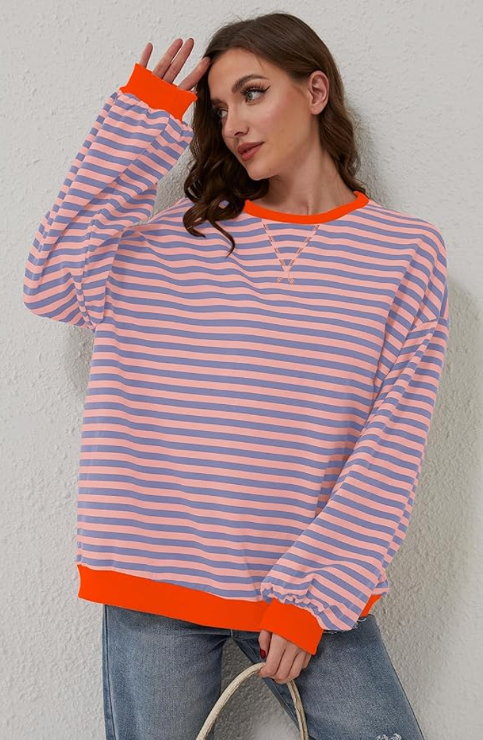 Women's Striped Knit Sweatshirt - Oversized, Long Sleeve, Contrast Trim-81356-cc78bf89-a661-4c28-a3a7-f51c3bcc4e75