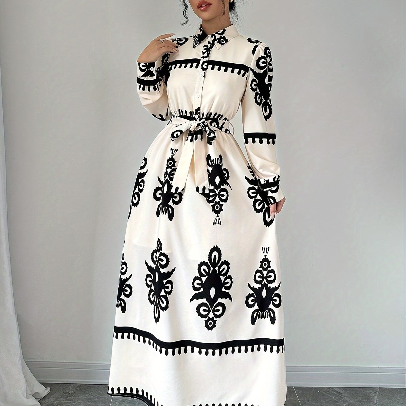 Women's Printed Long-Sleeved Dress with Tie Belt – Unique Pattern, Sydney Wardrobe-83357-cca2658a-bacc-462b-ae38-4f5262d68b7a
