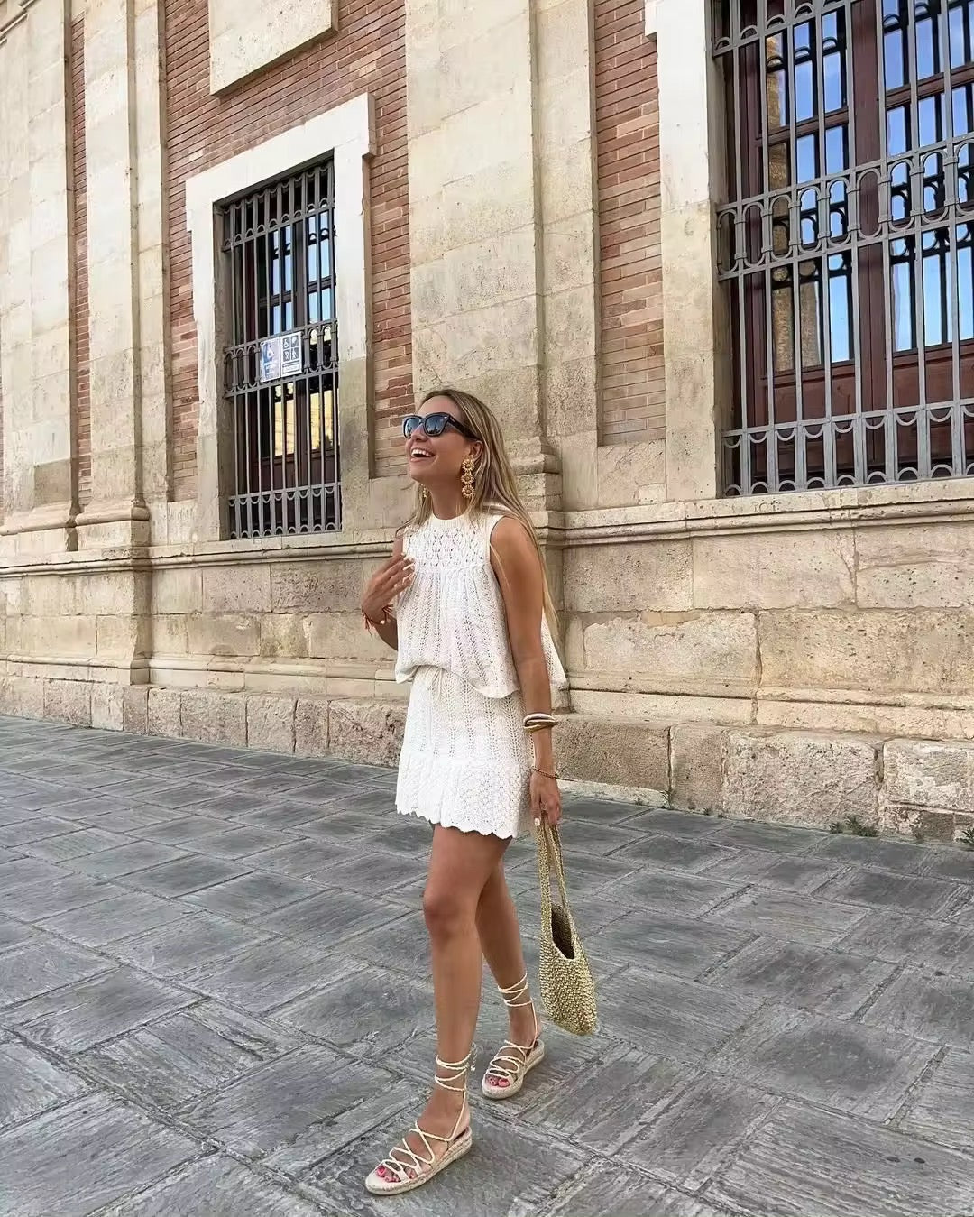 Women's Open-Knit Two-Piece Set – Sleeveless Top, Scalloped Hem Skirt, Drawstring Waist, Bohemian, Black/Off-White-81510-cd4a1aed-8fcb-4d5d-8bb5-9e8966838326